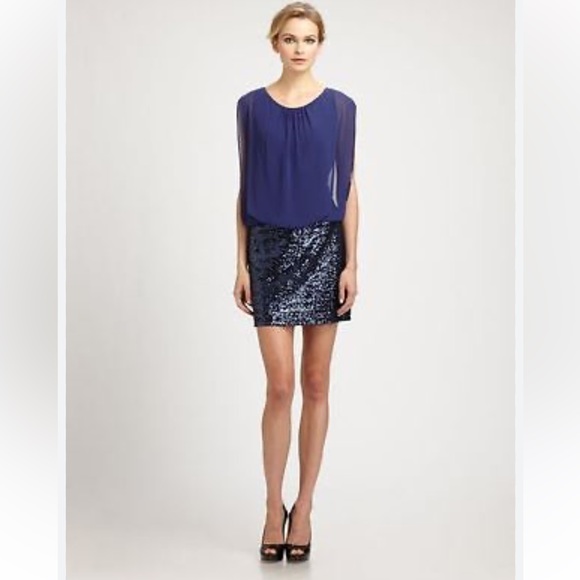 Pristine Aidan Mattox Gorgeous Navy Blue Gauzy Dress with Sequin Bottom 4 - Picture 1 of 12